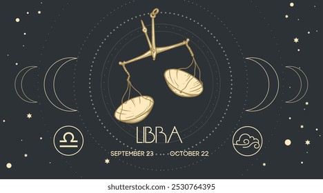 Zodiac sign Libra in engraving hand drawn style. Retro astrological sign Scales design template. Vector illustration.