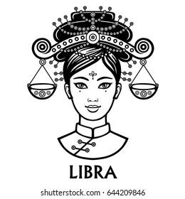 Zodiac sign  Libra. Fantastic princess, animation portrait. Vector monochrome illustration isolated on a white background.