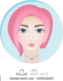 Zodiac sign Libra, female portrait with a straight pink hair in a round frame. Idea of astrological prediction and fortune. Perfect as an avatar, calendar or a postcard.