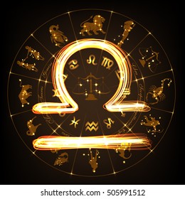 Zodiac sign Libra  in fire-show style on horoscope circle background. Circle with signs of zodiac and constellations.Vector illustration