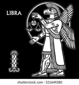  Zodiac sign Libra. Full growth. White drawing isolated on a black background, based on motives of Sumerian art. Vector illustration.
