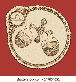  Zodiac sign - Libra. Hand drawn illustration with elements of the ornament in ethnic style. Vector.