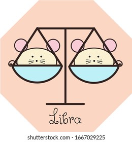 Zodiac sign Libra, hand drawn cute cartoon vector with cream rats/ seals/ otters/ sea lions with blue balance scales isolated on the light pink background