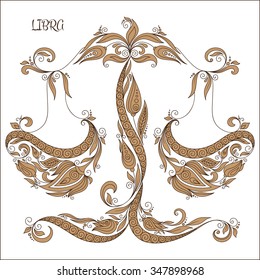 Zodiac sign - Libra. Hand drawn doodle scorpion with elements of the ornament in ethnic style, of lace flowers, tendrils and leaves . Vector illustration, Isolated on white.