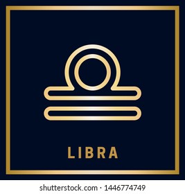 Zodiac sign Libra. Horoscope. Isolated golden symbol on a blue background with a golden inscription. Vector illustration