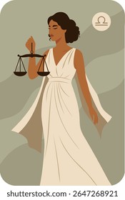 Símbolo zodíaco Libra. Horóscopos. Astrologia. Ilustração vetorial de uma mulher segurando escamas em suas mãos. Símbolo de justiça, equilíbrio e harmonia. Usar para impressão, redes sociais