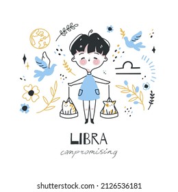 Zodiac sign Libra illustration. Astrological horoscope symbol character for kids. Colorful card with graphic elements for design. Hand drawn vector in cartoon style with lettering