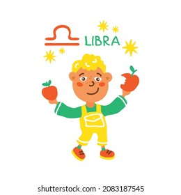 Zodiac sign Libra isolated on white background. Cute child character. Zodiac constellation. Vector illustration. Flat design element for horoscope and astrological forecast.
