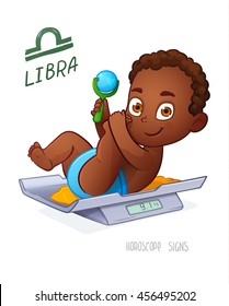 Zodiac sign LIBRA. Little African- American Baby Boy lying on the scales for babies. Horoscope sign LIBRA. Weigh the baby 