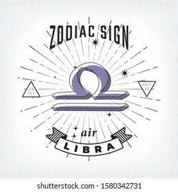 Zodiac Sign Libra Logo and Air Lettering with Libra Constellation Stars and Dates over Rays Circle - Black on White Striped Background - Vector Vintage Graphic Design