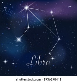 Zodiac sign Libra on against the background of the starry sky. Constellation Libra on starry night background. Astrological zodiac against the background of space.