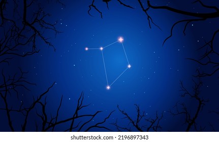 El Zodiac firma Libra en el fondo de un cielo estrellado y ramas de árboles . Ilustración vectorial del signo de zodiaco Libra.