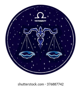 Zodiac sign Libra on night starry sky background in circle frame. Vector illustration.