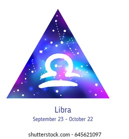 Zodiac sign Libra over hipster triangle with space galactic starry texture inside. Night sky full of stars. Vector galaxy design for horoscope predictions, fortune telling, posters. Inner space.