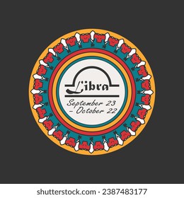 Zodiac sign Libra in a round paterned frame. Multi-colored icon, emblem on a black background. Vector illustration svg