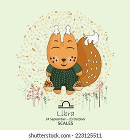 Zodiac sign - Libra, Scales. Vector illustration. Background with flowers in retro style. Doodle hand-drawn style.