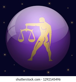 Zodiac sign Libra in the sphere of purple. Isolated on black background with stars.