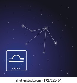 Zodiac sign Libra in the starry sky. Schematic representation of the zodiac sign with its name and symbol