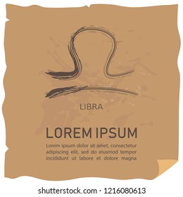 Zodiac sign Libra with text frame on craft paper background. Grunge style. Zodiac constellation. Design template for horoscope and astrological forecast.