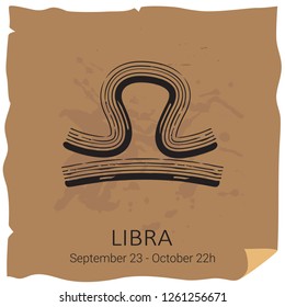 Zodiac sign Libra with text frame on craft paper background. Grunge style. Zodiac constellation. Design template for horoscope and astrological forecast.