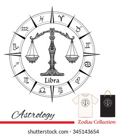 Zodiac sign Libra. This illustration can be used as a greeting card or as a print on T-shirts and bags. Decorative, in zentangle style