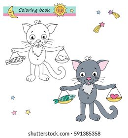 Zodiac sign Libra. Vector illustration of cute cat in cartoon style, linear drawing. Black and white, colorful images, be used for coloring book.