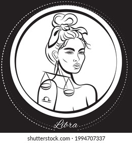 Zodiac sign Libra woman. Pop art illustration. Line art, ideal for poster, print, postcard, colouring book.	
