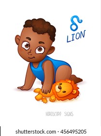 Zodiac sign Lion. African American child enjoys playing his Leo Toy.  Horoscope Sign Lion