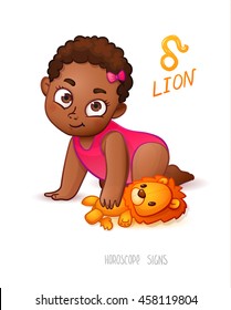 Zodiac sign Lion. Horoscope Sign Lion. African Americam child enjoys playing her Leo Toy