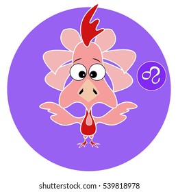 Zodiac sign Lion. Red rooster. Greeting card background poster. Horoscope. Blue background.