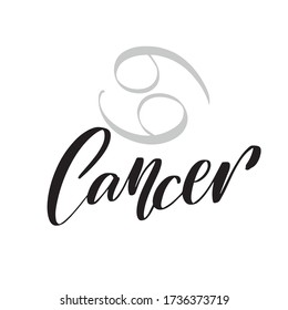 Zodiac sign, magic, astrology. Inspirational handwritten lettering Cancer. Vector calligraphy stock illustration isolated on white. Typography for banner, badge, postcard, t-shirt, print.