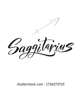 Zodiac sign, magic, astrology. Inspirational handwritten lettering Sagittarius. Vector calligraphy stock illustration isolated on white. Typography for banner, badge, postcard, t-shirt.