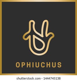 Zodiac sign Ophiuchus. Horoscope. Isolated golden symbol on a black background with a golden inscription. Vector illustration