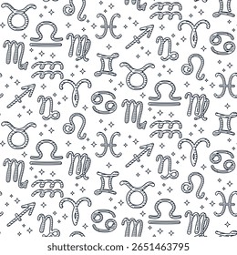 Padrão de sinal zodíaco com símbolos desenhados à mão e estrelas, design linear sem emenda. Conceito de astrologia, horóscopo e energia cósmica.
