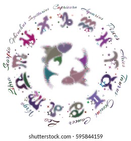 zodiac sign Pisces 13 characters, vector illustration