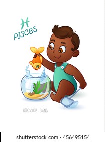 Zodiac sign PISCES. African American baby boy fishes in the aquarium using a net to fish. Horoscope sign PISCES.