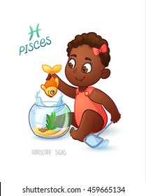 Zodiac sign PISCES. African American baby fishes in the aquarium using a net to fish. Horoscope.