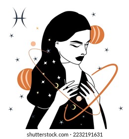 Zodiac sign Pisces. Astrology symbol icon. Horoscope zodiac constellation - aries, taurus, gemini, cancer, lion, virgo, libra, scorpion, sagittarius, capricorn. Vector illustration. Woman tattoo 