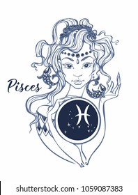 Zodiac sign Pisces a beautiful girl. Horoscope. Astrology.  Vector