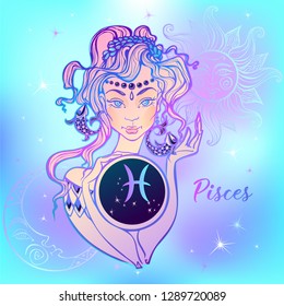 Zodiac sign Pisces a beautiful girl. Horoscope. Astrology. Vector.