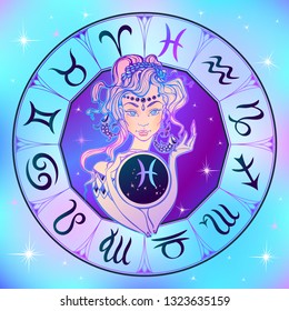Zodiac sign Pisces a beautiful girl. Horoscope. Astrology. Vector.