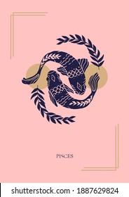 Zodiac sign Pisces in boho style on the pink background. Trendy vector illustration.