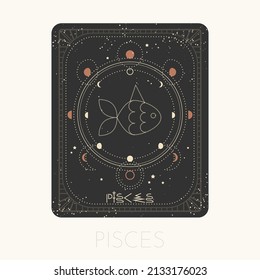 Zodiac sign Pisces card. Astrological horoscope symbol with moon phases. Graphic gold icon on a black background. Vector line art illustration