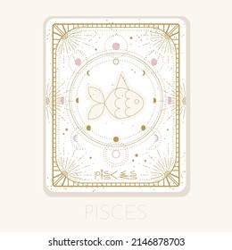 Zodiac sign Pisces card. Astrological horoscope symbol with moon phases. Graphic gold icon on a white background. Vector line art illustration