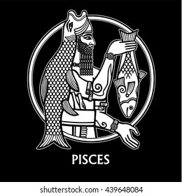 Zodiac sign Pisces. Character of Sumerian mythology. The linear drawing, white contour isolated on a black background. Vector illustration. Print, posters, t-shirt, textiles.