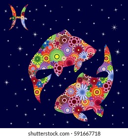 Zodiac sign Pisces with colorful flowers fill on a background of the dark blue starry sky, vector illustration