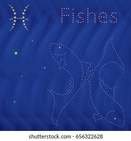 Zodiac sign Pisces with colorful flowers fill in warm hues on a background of the blue starry sky, vector illustration