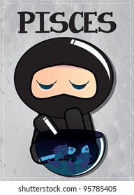 Zodiac sign Pisces with cute black ninja character, vector