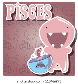 Zodiac sign Pisces with cute colorful monster, vector