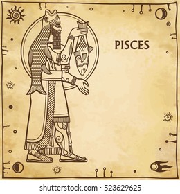  Zodiac sign Pisces. Drawing based on motives of Sumerian art. Full growth. Background - imitation of old paper, space symbols. The place for the text. Vector illustration.